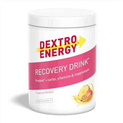 Abbildung von DEXTRO ENERGY RECOVERY DRINK TROPICAL (356g), Elektrolyt Pulver mit Magnesium, Vitamin E, C, B1, B2, B3, B6, B12, Folsäure, Pantothensäure, 3:1 Kohlenhydrat Protein Mix, Muskelregeneration