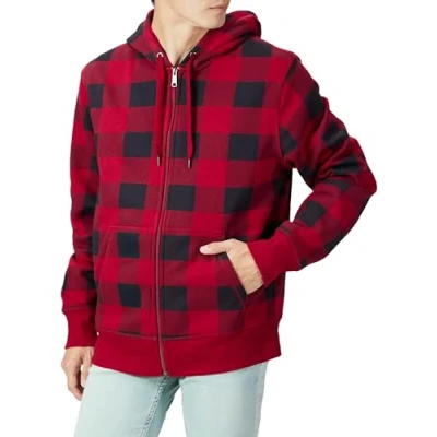 Abbildung von Amazon Essentials Herren Fleece Kapuzenpulli mit durchgehendem Reißverschluss (erhältlich in den Größen Big &amp; Tall), Schwarz Rot Buffalokaros, XXL