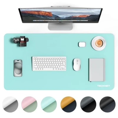 Abbildung von TECKNET Schreibtischunterlage, 80 x 40cm Große Tischschutzpolster, Wasserdichte Laptop Desk Mat,PU Leder Tischunterlage, Abwischbar Doppelseitige Schreibunterlage für Büro/Zuhause(Hellblau/Hellgrün)