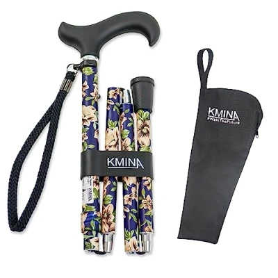Abbildung von KMINA PRO Gehstock Klappbar Blau, Herren Elegant, Faltbar, Spazierstock Damen, Aluminium Höhenverstellbar, Blaue Blumen