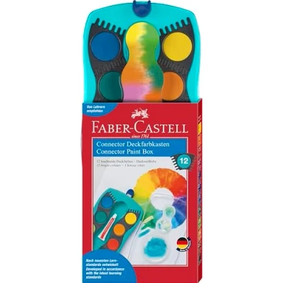 Abbildung von FABER CASTELL 125003 Farbkasten CONNECTOR mit 12 Farben, inklusive Deckweiß, Pinselfach und Namensfeld, türkis, 1 Stück