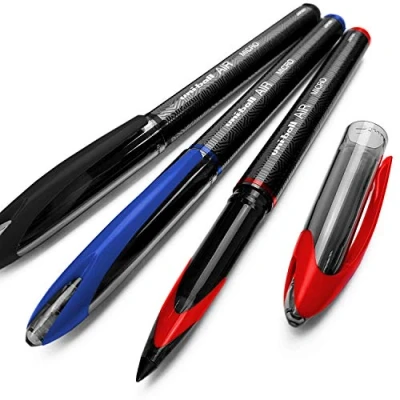 Abbildung von Uni Ball AIR Micro, 0,5 mm Feiner Tintenroller, 3er Pack in Schwarz, Blau und Rot, UBA 188 M