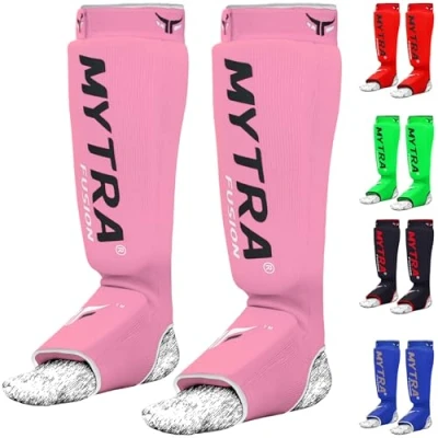 Abbildung von Mytra Fusion Schienbeinschoner Kickboxen MMA Muay Thai Karate Pads Crossfit Boxen (L/XL, Pink)