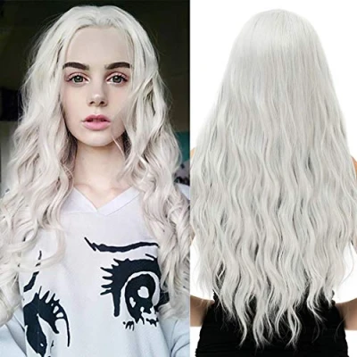Abbildung von ATAYOU Lange Lockiges Grau Weiß Synthetische Perücke Für Damen Cosplay Fashion Halloween Mit 1 Kappe (Grau Weiß#457）