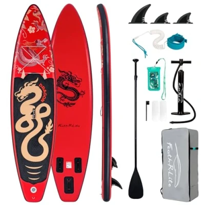 Abbildung von FEATH R LITE Aufblasbares Stand Up Paddling SUP Board mit Verstellbarem Paddel/Pumpe/Rucksack/Leine Drache…