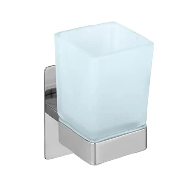 Abbildung von WENKO Turbo Loc Zahnputzbecher Genova Shine, Wandhalter mit Becher zum Befestigen ohne Bohren Klebepad System, Halter aus Edelstahl, satiniertem Glas, 6,2 x 13,2 9 cm, Glänzend