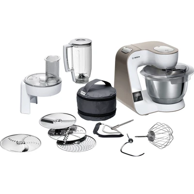 Abbildung von Bosch Küchenmaschine Serie 4 MUM5XW20, Edelstahl Schüssel 3,9 L, integrierte Waage, Mixer 1,25 Profi Knethaken, Schnee , Silikonbesen, Durchlaufschnitzler, Scheiben, 1000 W, Weiß/Silber