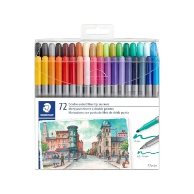 Abbildung von STAEDTLER Doppelfasermaler, zwei Spitzen für schmale und breite Linien, Klarfaltetui mit 72 leuchtenden Farben, 3200 TB72
