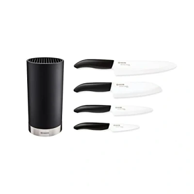 Abbildung von Kyocera Soft Touch Messerblock Schwarz bis zu 8 Messer mit 4 GEN Keramik Santoku Messer, Universalmesser, Gemüsemessser, Schälmesser rund aus Kunststoff und Edelstahl