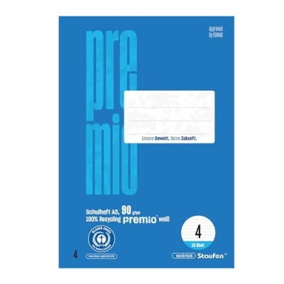 Abbildung von Staufen premio Schulheft 10 Hefte je 16 Blatt, DIN A5, Lineatur 4 (liniert), 90 g/m² Recyclingpapier, runde Ecken verhindern „Eselsohren“