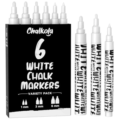 Abbildung von Chalkola Kreidestifte für Tafel Abwaschbar Weiß 6 Kreidemarker Weiss 1mm, 3mm &amp; 6mm Spitze Kreidestift Fenster, Tafel, als Glasstift Chalk Markers alle Altersgruppen
