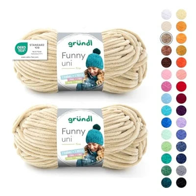 Abbildung von Gründl Wolle Funny uni, weiches Chneillegarn zum Stricken und Häkeln aus 100% Polyester, 2 Knäuel (100 g/ 120 m, Nadelstärke: 5 6), Beige