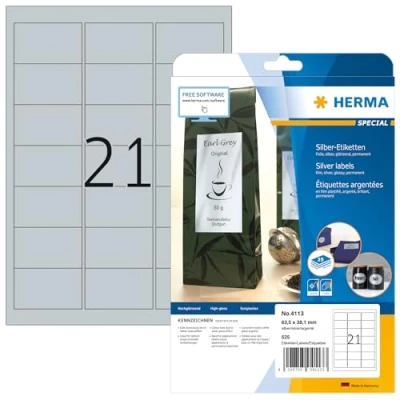 Abbildung von HERMA 4113 Wetterfeste Folienetiketten silber, 25 Blatt, 63,5 x 38,1 mm, 21 pro A4 Bogen, 252 Stück, selbstklebend, bedruckbar, glänzend, blanko Klebeetiketten Aufkleber aus Folie