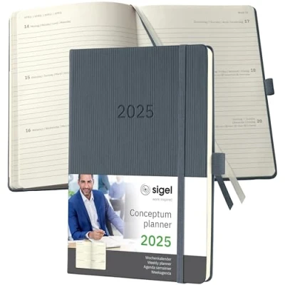 Abbildung von SIGEL C2566 Terminplaner Wochenkalender 2025, ca. A5, dunkelgrau, Hardcover, 192 Seiten, Gummiband, Stiftschlaufe, Archivtasche, aus nachhaltigem Papier, Conceptum