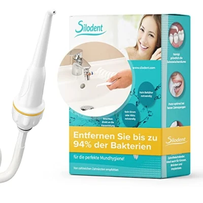 Abbildung von Silodent Munddusche. Nachhaltige Munddusche direkt am Wasserhahn ohne Strom. Kabellose Reisemunddusche. Zahndusche zur Zahnreinigung der Zwischenräume. Zahnzwischenraumreiniger für Zahnspangen