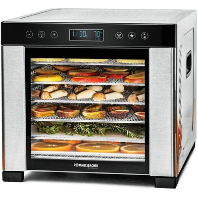 Abbildung von ROMMELSBACHER Dörrautomat DA 950, Dörrfläche 0,6 m², 6 Edelstahl Dörrtabletts, 1 Dörrgitter, Dörrunterlage, LCD Display, 99 Std. Zeitschaltuhr, Temperatur einstellbar (35 C 75 C)
