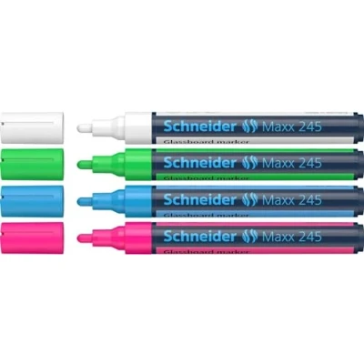 Abbildung von Schneider Maxx 245 Glasboardmarker / Whiteboard Marker (für Glasflächen, trocken abwischbar) 4er Etui weiß, grün, blau, pink