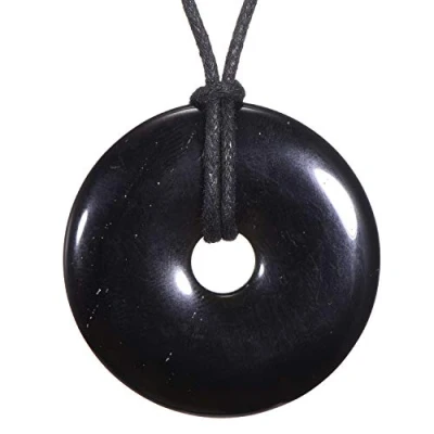 Abbildung von Morella Damen Halskette 80 cm Donut Edelstein Anhänger schwarzer Obsidian im Samtbeutel