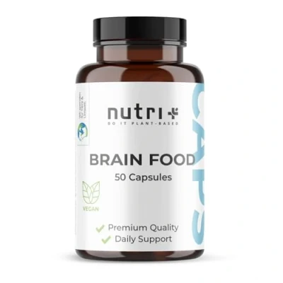 Abbildung von Nutri + Brainfood Konzentrations Tabletten Brain Booster 50 Kapseln Gehirn Fokus Leistung Lernhilfe vegan Supplement mit Koffein, Cholin, Ginseng