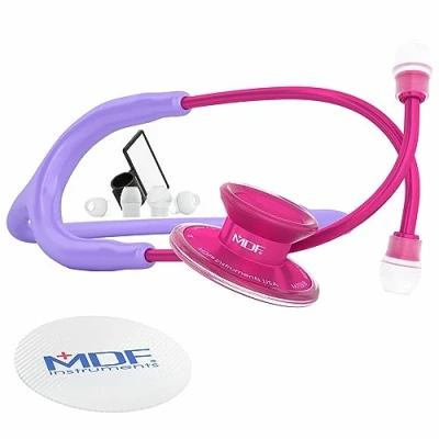 Abbildung von MDF Acoustica leichtes Stethoskop für Ärzte, Krankenschwestern, Studenten, Heimgesundheit, Erwachsene, Doppelkopf, pastellvioletter Schlauch, Bruststück Headset aus rosa Legierung, MDF747XPPA07