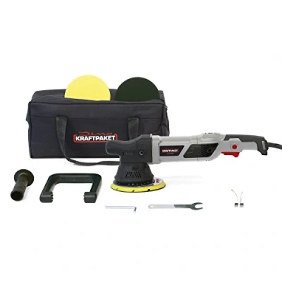 Abbildung von Dino KRAFTPAKET 21mm 950W Exzenter Poliermaschine 12 Stufig mit LCD Display und Memory Funktion im Set Polierschwamm Polierteller Tasche für Auto KFZ Boot XXL HUB