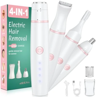 Abbildung von Gesichtshaarentferner für Frauen,4 in 1 Rasierer Damen,Nasenhaartrimmer,Intimrasierer Haarentfernung,Elektrisch Gesichtsrasierer Damen,Augenbrauenrasierer,für Gesicht,Bikinizone,Nasen/Ohren,USB