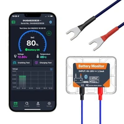Abbildung von 12V Autobatterietester KFZ, Bluetooth 4.0 Batteriemonitor Batterielastprüfer Echtzeit Batterieinformationen anzeigen Geeignet für Android iOS Autobesitzer Wohnmobile Motorräder Boote Autos