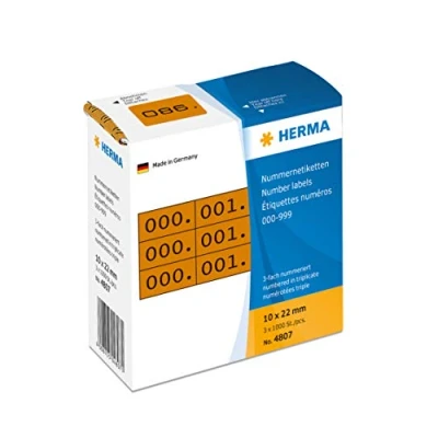 Abbildung von HERMA 4807 Nummernetiketten Zahlen 0 999, dreifach, 3000 Stück, 22 x 10 mm, selbstklebend, matt, 3fach fortlaufende Papier Zahlenetiketten Anlagenummern in Spenderbox, braun