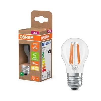 Abbildung von Osram LED Lampe in klassischer Miniballform, mit dekorativem Filament, Energieeffizienzklasse A, E27, 1.2 W, 255 lm, 2700 K, warmweiß. Ohne Aufwärmen, sofort 100% Licht.