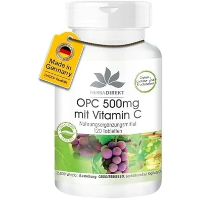 Abbildung von OPC 500mg mit Vitamin C 120 Tabletten Traubenkernextrakt hochdosiert HERBADIREKT by Warnke Vitalstoffe Deutsche Apothekenqualität