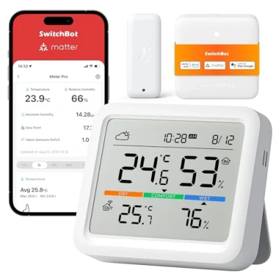 Abbildung von SwitchBot Wetterstation Funk mit Außensensor, Hygrometer Thermometer Innen, Temperatursensor Datum/Wettervorhersage/Warnung, Kostenloser Datenspeicher Export, Außenthermometer und Matter Hub