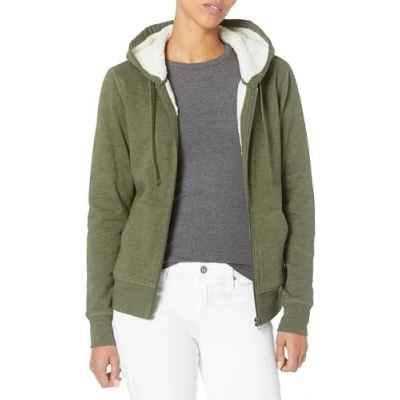 Abbildung von Amazon Essentials Damen Sherpa gefütterte Fleece Kapuzenjacke mit durchgehendem Reißverschluss (erhältlich in Übergröße), Olivenheide, XXL