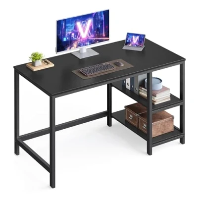 Abbildung von VASAGLE Schreibtisch, Computertisch, PC Tisch, Bürotisch, mit 2 Ablagen auf der rechten oder linken Seite, fürs Büro, Wohnzimmer, Stahlgestell, Industrie Design, ebenholzschwarz LWD047B16