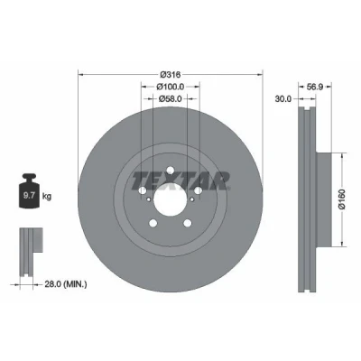 Abbildung von TEXTAR PRO 92236503 Bremsscheibe 316 30 05/07 100 innenbelüftet beschichtet ohne Radbefestigungsbolzen, Radnabe SUBARU: Forester IV, Legacy 4