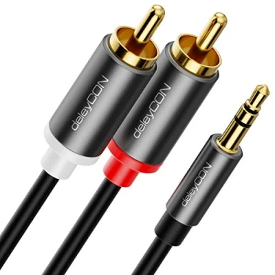 Abbildung von deleyCON 1m Klinke zu Cinch RCA Kabel 3,5mm Audiokabel Wandler Handy und Smartphone an HiFi Receiver AUX auf Stecker (Extra Dünn &amp; Flexibel)