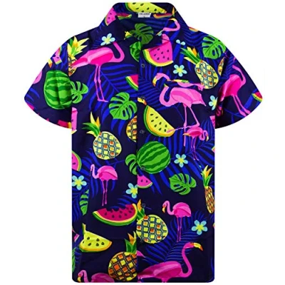 Abbildung von King Kameha Funky Hawaii Hemd, Herren, Kurzarm, Flamingo Melon, Blau, XXL