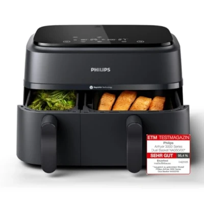 Abbildung von Philips Dual Basket Airfryer 3000 Serie, 9L, 2 Schubladen, Synch Funktion, Rapid Air Technologie, Vielseitige Große Heißluftfriteuse, 90% Weniger Fett und Energiesparend, HomeID App (NA350/00)