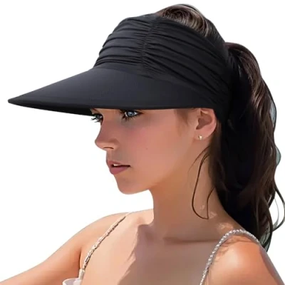 Abbildung von DRESHOW Damen Visor Sonnenhut Breite Krempe Hut Einstellbar Faltbarer Pferdeschwanz Strandhut Sommer UV Schutz Außen UPF 50+