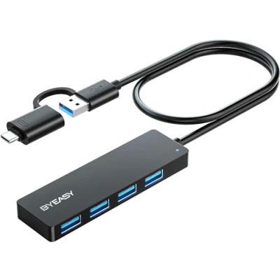 Abbildung von BYEASY USB HUB mit C Stecker, C+A zu 3.0, Ultra Slim Multiport 4 Ports 3.0 Adapter für iPhone 15/16 Serie,MacBook/iPad Pro,iMac,Surface Pro,PC,Laptop,Tablets,Tastatur,Maus. 60cm