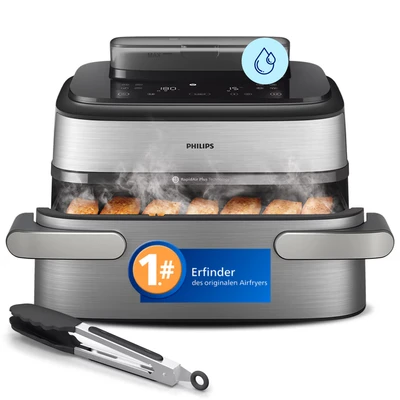Abbildung von Philips 5000 Airfryer Steam Megabasket NA565/02 Heißluftfritteuse, Edelstahl, 9,5 l