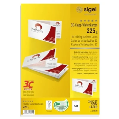 Abbildung von SIGEL LP838 Klapp Visitenkarten 3C, 50 Stück = 10 Blatt, beidseitig bedruckbar, hochweiß, glatter Schnitt rundum, 180x55 mm