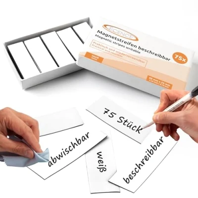 Abbildung von ECENCE Magnetstreifen beschreibbar 75 Stück 60x20mm abwischbare Magnetschilder Magnet Etiketten zuschneidbar für Whiteboards, Kühlschränke, Magnettafeln Weiss