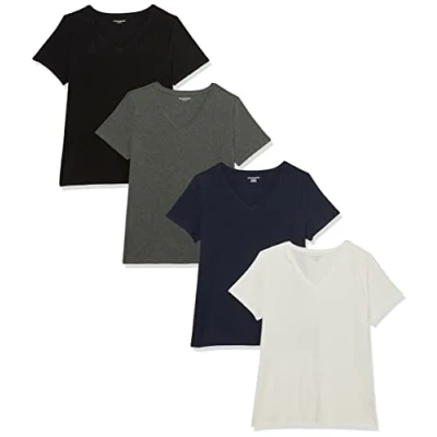 Abbildung von Amazon Essentials Damen Kurzärmeliges T Shirt mit V Ausschnitt, Klassischer Schnitt, 4er Pack, Dunkelgrau Meliert/Marineblau/Weiß, XL