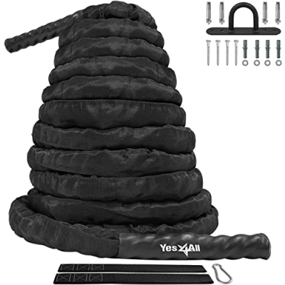 Abbildung von Yes4All Unisex Erwachsene T5KH Strap 40ft Battle Rope Fitnessseil 1,5&quot; Breite, Mit Schutzhülle Anker, 38mm 12m
