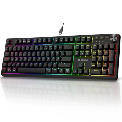 Abbildung von KOORUI Gaming Tastatur, Mechanisch Tastatur QWERTZ Deutsches Layout 104 Tasten 26 RGB Hinterleuchtet Kabelgebunden Keyboard für Windows MacOS Linux Rotem Schalter