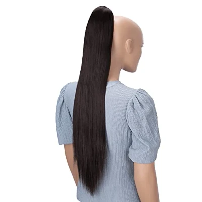 Abbildung von CAISHA 70cm Extralang Clip On Haarteil Zopf Pferdeschwanz Hitzebeständig Synthetik Glatt Schokobraun H75