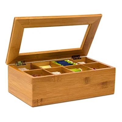 Abbildung von Relaxdays Teebox mit 8 Fächern, Bambus, Teebeutel Aufbewahrung, Teekiste Sichtfenster, HBT: 9 x 28 16 cm, Natur
