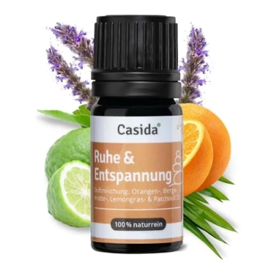 Abbildung von Casida® Ruhe &amp; Entspannung Duftmischung Ätherische Öle Mischung mit Orangenöl, Bergamotteöl, Lemongrasöl, Patchouli Öl für mehr Gelassenheit, und Aromatherapie 5 ml