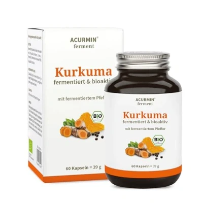 Abbildung von Acurmin Ferment Fermentierte Bio Kurkuma Kapseln 1.100 mg Pulver mit höchst verträglichem fermentiertem Pfeffer 60