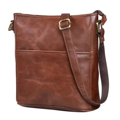 Abbildung von LEABAGS Leder Handtasche Damen I Premium Echtleder Umhängetasche Schultertasche Damentasche Tragetasche für Arbeit Uni Schule Freizeit Größe M (24 x 23 6 cm) Vintage Cognac